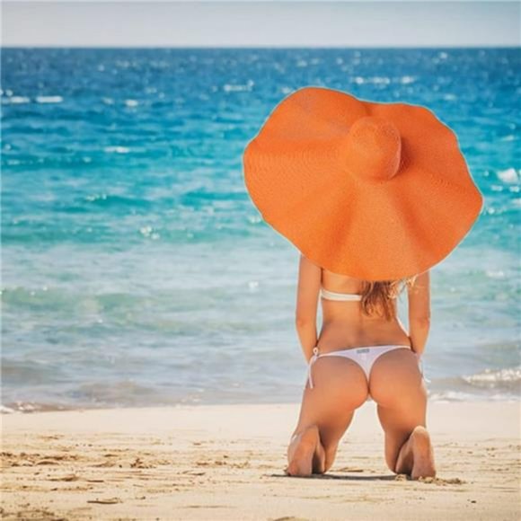 Orange Straw Hat Trendy Wide Brim Floppy Large Oversized Visor Hat Cap Beach - Picture 5 of 5